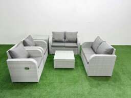 Rackhams 6 Seater Outdoor Reclining Chair Love Sofa Set Rattan Garden Furniture Set with Square Coffee Table Side Table Light Grey - thumbnail 1