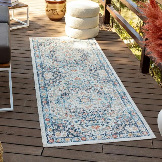Rackhams Huntington Beach-Vintage Blue Beige Orange In- & Outdoor Rug - 80 x 220 cm - image 1