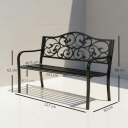 Rackhams Metal Garden Bench, Outdoor Bench with Floral Back, Black - thumbnail 3