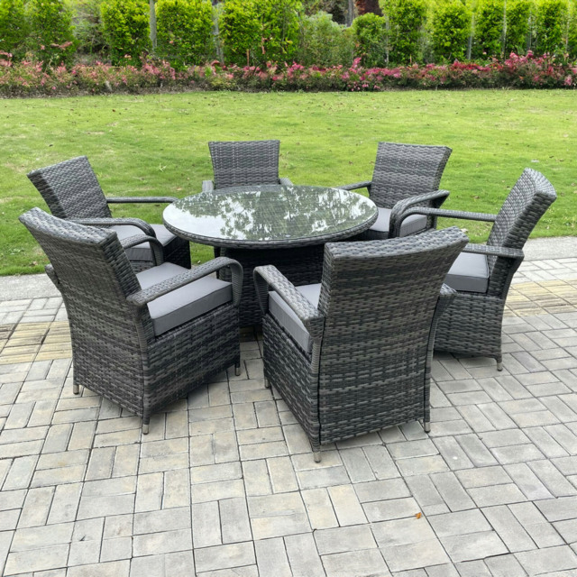 Rackhams 6 Seater Rattan Garden Furniture Set with Round Glass Dining Table & 6 Chairs - image 1