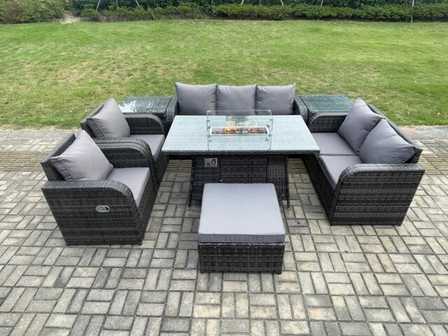 Rackhams Rattan Outdoor Garden Furniture Set with Gas Fire Pit Table, 2 Sofas,  2 Chairs, 2 Side Tables & Large Footstool - 8 Seater - Dark Grey - image 1