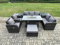 Rackhams Rattan Outdoor Garden Furniture Set with Gas Fire Pit Table, 2 Sofas,  2 Chairs, 2 Side Tables & Large Footstool - 8 Seater - Dark Grey - thumbnail 1