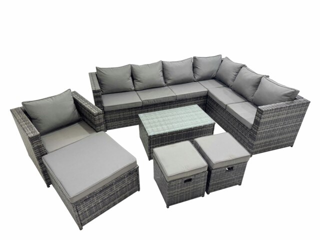 Rackhams Patio Sofa Oblong Coffee Table Set Rattan Garden Furniture Set with 3 Stools Chair Dark Grey Mixed - image 1