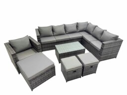 Rackhams Patio Sofa Oblong Coffee Table Set Rattan Garden Furniture Set with 3 Stools Chair Dark Grey Mixed - thumbnail 1
