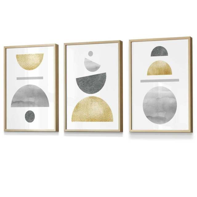 Rackhams Golden Yellow and Grey Mid Century Geometric Framed Set of 3 Wall Art - 42x59cm (A2) - Light Oak - image 1