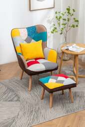Rackhams Colorful Multi-pattern Patchwork Accent Chair Wingback Sofa with FootStool and Cushion - Blue