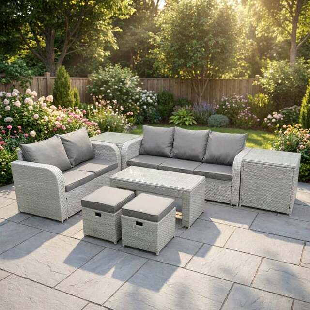 Rackhams 7 Seater Rattan Garden Furniture Set with Coffee Table, 3 Seater Sofa, Love Sofa, 2 Stools & 2 Side Tables - Light Grey - image 1