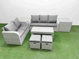 Rackhams 7 Seater Rattan Garden Furniture Set with Coffee Table, 3 Seater Sofa, Love Sofa, 2 Stools & 2 Side Tables - Light Grey - thumbnail 2