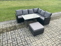 Rackhams High Back Outdoor Garden Furniture Set Rattan Corner Sofa Dining Table Set With Big Footstool 7 Seater Dark Grey Mixed - thumbnail 1
