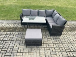 Rackhams High Back Outdoor Garden Furniture Set Rattan Corner Sofa Dining Table Set With Big Footstool 7 Seater Dark Grey Mixed - thumbnail 2
