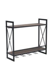 Rackhams 2-Tier Wall-Mounted Hanging Wine Storage Rack Floating Shelf with 5 Glass Holder - Brown - thumbnail 4