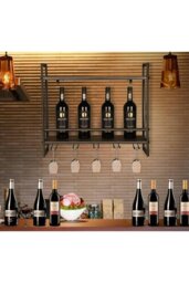 Rackhams 2-Tier Wall-Mounted Hanging Wine Storage Rack Floating Shelf with 5 Glass Holder - Brown - thumbnail 3