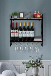 Rackhams 2-Tier Wall-Mounted Hanging Wine Storage Rack Floating Shelf with 5 Glass Holder - Brown - thumbnail 2