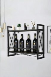 Rackhams 2-Tier Wall-Mounted Hanging Wine Storage Rack Floating Shelf with 5 Glass Holder - Brown