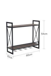 Rackhams 2-Tier Wall-Mounted Hanging Wine Storage Rack Floating Shelf with 5 Glass Holder - Brown - thumbnail 6