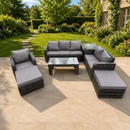 Rackhams High Back Rattan Garden Furniture Set with Loveseat Sofa Coffee Table Side Table 2 Big Footstool Indoor Outdoor Patio Lounge Sofa Set