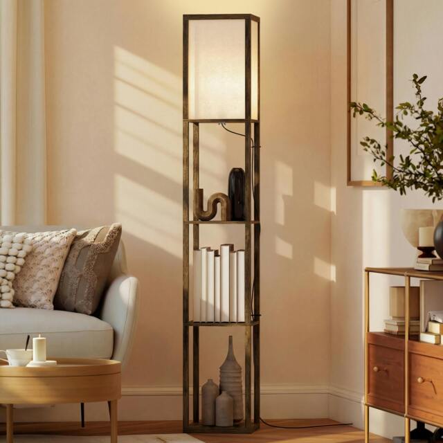 Rackhams Floor Lamp Reading Lamp with 3-Tier Storage Shelf Brown - image 1