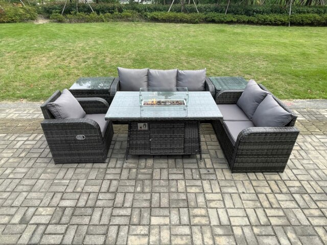 Rackhams Garden Patio Furniture Wicker Rattan Gas Fire Pit Table and Sofa Chair set with 2 Side Tables - image 1
