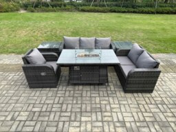 Rackhams Garden Patio Furniture Wicker Rattan Gas Fire Pit Table and Sofa Chair set with 2 Side Tables - thumbnail 1