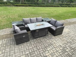 Rackhams Garden Patio Furniture Wicker Rattan Gas Fire Pit Table and Sofa Chair set with 2 Side Tables - thumbnail 2
