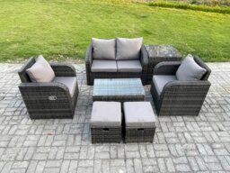 Rackhams Wicker PE Rattan Outdoor Furniture Set Garden Love Sofa Coffee Table 2 Armchair Side Table 2 Small Footstools Dark Grey Mixed - thumbnail 1