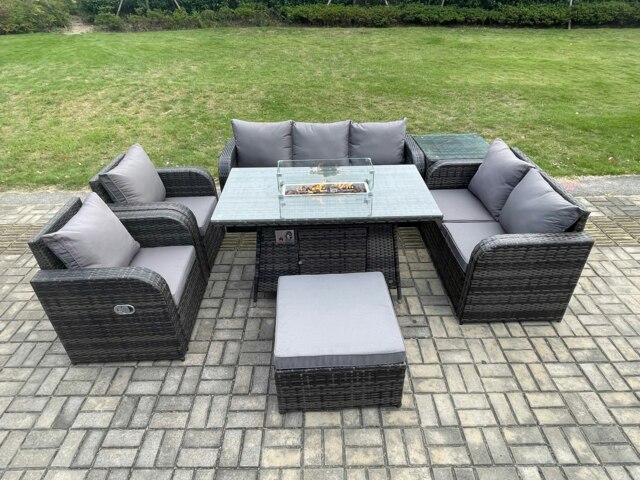 Rackhams PE Wicker Outdoor Rattan Garden Furniture Set Propane Gas Fire Pit Table and Sofa Chair set with Side Table Big Footstool - image 1