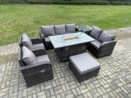 Rackhams PE Wicker Outdoor Rattan Garden Furniture Set Propane Gas Fire Pit Table and Sofa Chair set with Side Table Big Footstool - thumbnail 2