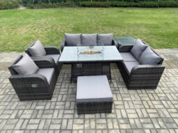 Rackhams PE Wicker Outdoor Rattan Garden Furniture Set Propane Gas Fire Pit Table and Sofa Chair set with Side Table Big Footstool - thumbnail 1