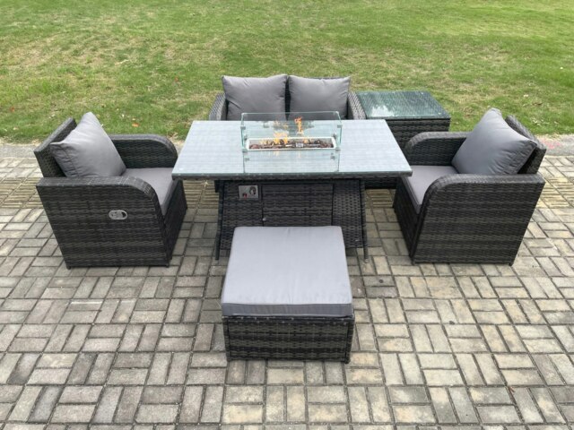Rackhams Rattan Outdoor Garden Furniture Set Gas Fire Pit Dining Table with Side Table Chair Love seat Sofa Footstool - image 1