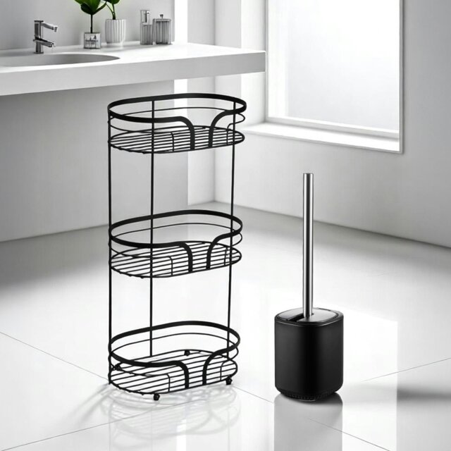 Rackhams Black Bathroom Accessory Set Floor Caddy with Toilet Brush and Holder - image 1