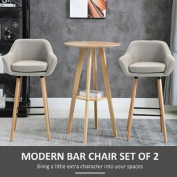 Rackhams 2 PCs Upholstered Bucket Seat Bar Stools w/ Solid Wood Legs Beige - Grey - thumbnail 4