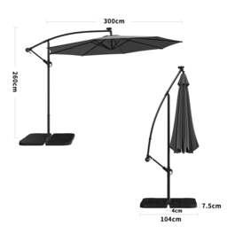 Rackhams 3M Cantilever Garden Parasols Dark Grey Iron Banana Umbrella with LED Lights - Cross base+Petal water tank base