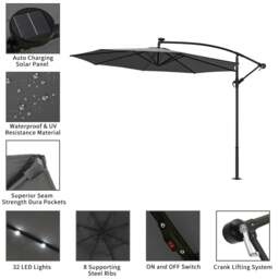 Rackhams 3M Cantilever Garden Parasols Dark Grey Iron Banana Umbrella with LED Lights - Cross base+Petal water tank base - thumbnail 6