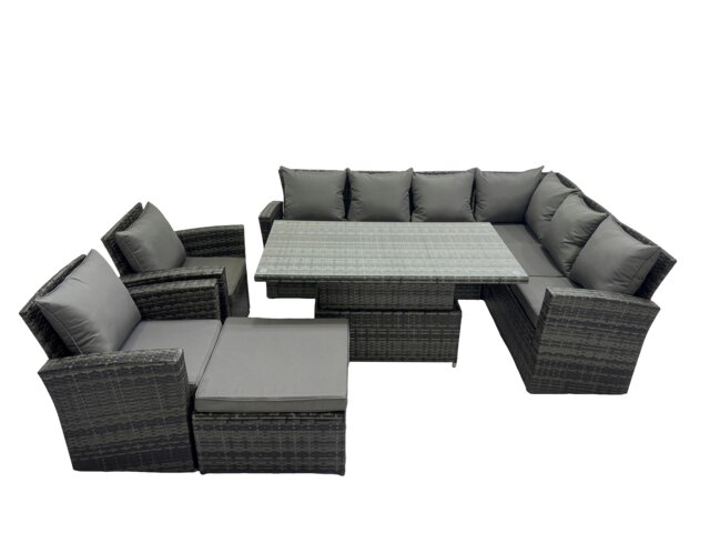 Rackhams 9 Seat Rattan Garden Furniture Corner Sofa Set Outdoor Adjustable Lifting Dining or Coffee Table Set with Big Footstool Dark Grey Mixed - image 1