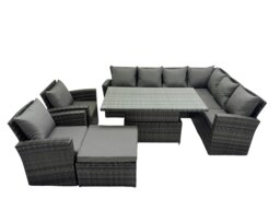 Rackhams 9 Seat Rattan Garden Furniture Corner Sofa Set Outdoor Adjustable Lifting Dining or Coffee Table Set with Big Footstool Dark Grey Mixed - thumbnail 1