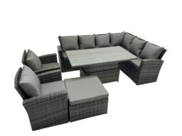 Rackhams 9 Seat Rattan Garden Furniture Corner Sofa Set Outdoor Adjustable Lifting Dining or Coffee Table Set with Big Footstool Dark Grey Mixed - thumbnail 2