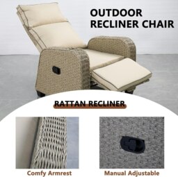 Rackhams Outdoor Wicker 170° Lay Flat Recliner Chair with Soft Cushions, Adjustable Backrest and Footrest - Natural - 1 - Natural - Rattan - thumbnail 2