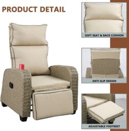 Rackhams Outdoor Wicker 170° Lay Flat Recliner Chair with Soft Cushions, Adjustable Backrest and Footrest - Natural - 1 - Natural - Rattan - thumbnail 5