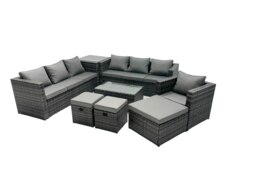 Rackhams Rattan Garden Furniture Dining Set 10 seater Patio Coffee Table Sofa Set with 3 Stools Side Table Dark Grey Mixed - thumbnail 1