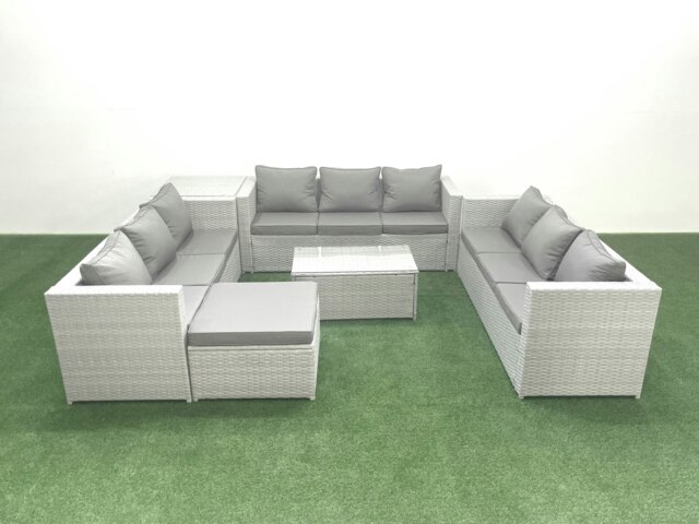 Rackhams Rattan Garden Outdoor Furniture Set 10 Seater Garden Sofa Coffee Table Set with Big Footstool Side Table Light Grey Mixed - image 1