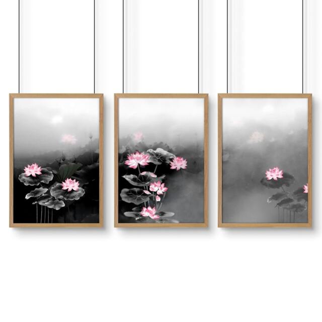 Rackhams Living Room Canvas Art - Set of 3 Asian Inspired Wall art Prints - A4 8.27 x 11.69 in / 21 x 29.7 cm - Satin Photo paper 280 gsm - Oak Frame - image 1