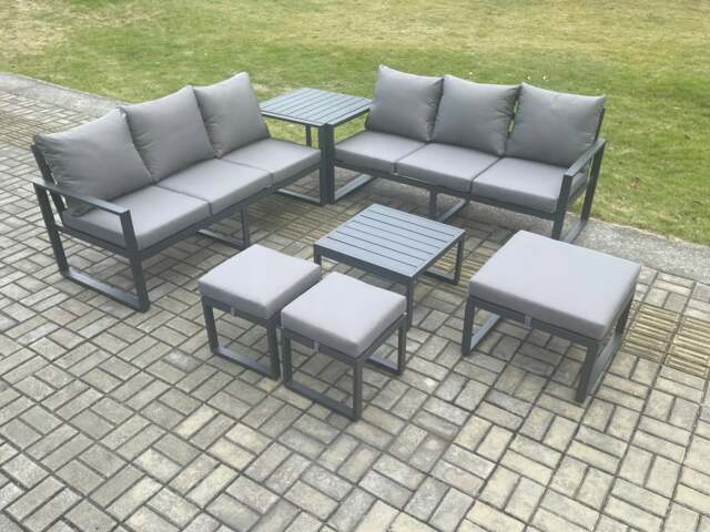 Rackhams Aluminium 9 Seater Outdoor Garden Furniture Lounge Sofa Set with Square Coffee Table 3 Footstools Side Table Dark Grey - image 1