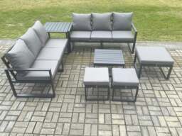 Rackhams Aluminium 9 Seater Outdoor Garden Furniture Lounge Sofa Set with Square Coffee Table 3 Footstools Side Table Dark Grey - thumbnail 2
