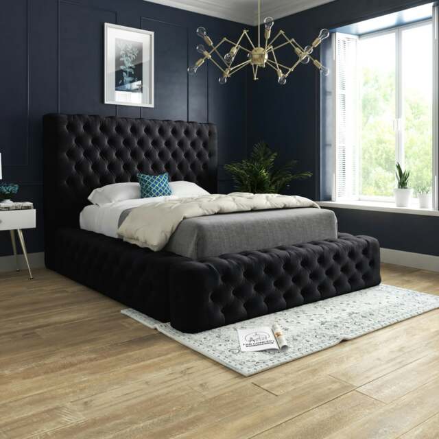 Rackhams Florence Wide Winged Upholstered Soft Velvet Bed Frame - Pink - Black - Super king - image 1