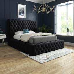 Rackhams Florence Wide Winged Upholstered Soft Velvet Bed Frame - Pink - Black - Super king - thumbnail 1