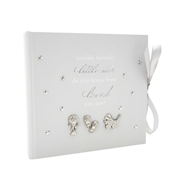 Rackhams Baby Keepsake Photo Album with Silver Plated Rattle Pram and Booties - image 1