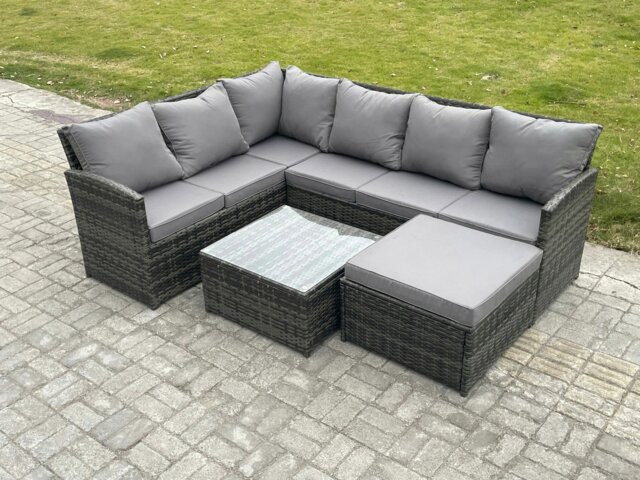 Rackhams 7 Seater Outdoor Garden Furniture Set Wicker PE Rattan Corner Sofa Set with Square Coffee Table Big Footstool Dark Grey Mixed - image 1