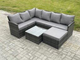 Rackhams 7 Seater Outdoor Garden Furniture Set Wicker PE Rattan Corner Sofa Set with Square Coffee Table Big Footstool Dark Grey Mixed - thumbnail 1