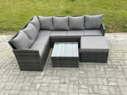 Rackhams 7 Seater Outdoor Garden Furniture Set Wicker PE Rattan Corner Sofa Set with Square Coffee Table Big Footstool Dark Grey Mixed - thumbnail 2