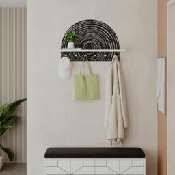 Rackhams Modern Pine Wall-Mount Coat Hanger 6 Hooks Metal Laser-cut Design Engineered Wood Shelf Storage Hallway - Dark Oak Effect - thumbnail 2